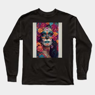 Expressive Sugar Skull Art: Woman in Festive Skull Makeup Long Sleeve T-Shirt